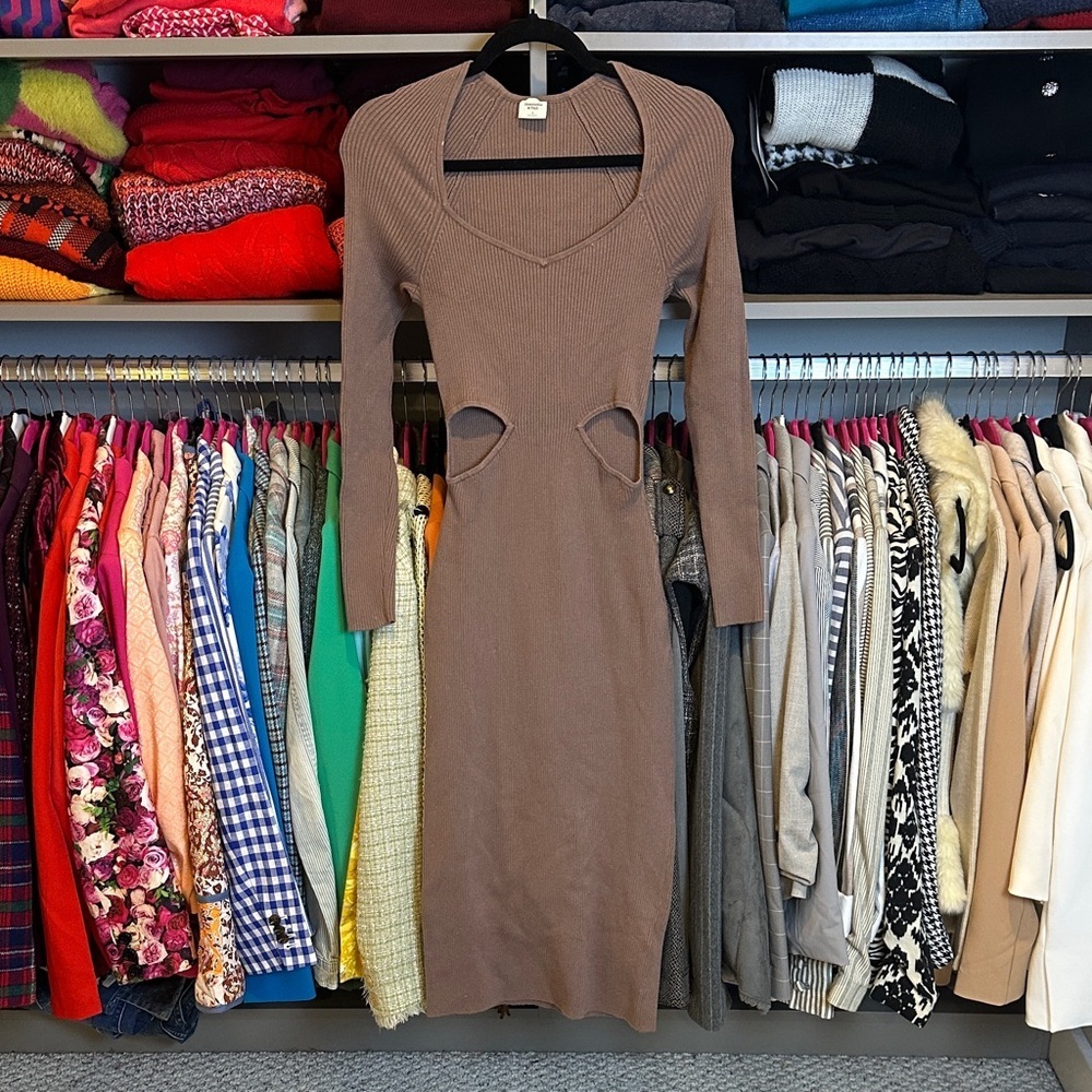 Abercrombie & Fitch brown long sleeve cut out midi ribbed sweater dress size S